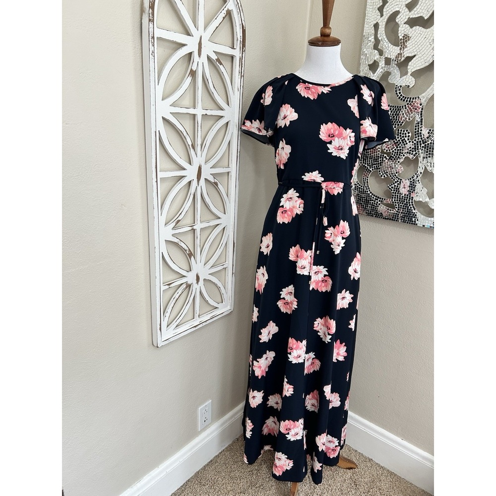 Tommy Hilfiger Floral Print Maxi Dress Size 2 Pockets Side Slits Romantic